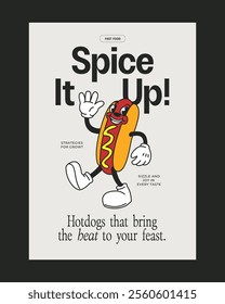 Vintage-style poster featuring a cheerful hotdog mascot with bold typography, ideal for fast food promotions and branding campaigns.