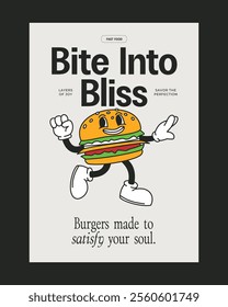 Vintage-style poster featuring a happy burger mascot with bold typography, perfect for fast food promotions, restaurant advertising, or branding projects.