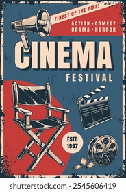 A vintage-style poster highlights a cinema festival featuring genres like action comedy drama and horror. It captures the essence of classic film culture.