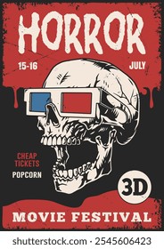 A vintage-style poster for a horror movie festival in July showcasing a skull wearing 3D glasses with details about cheap tickets and popcorn.