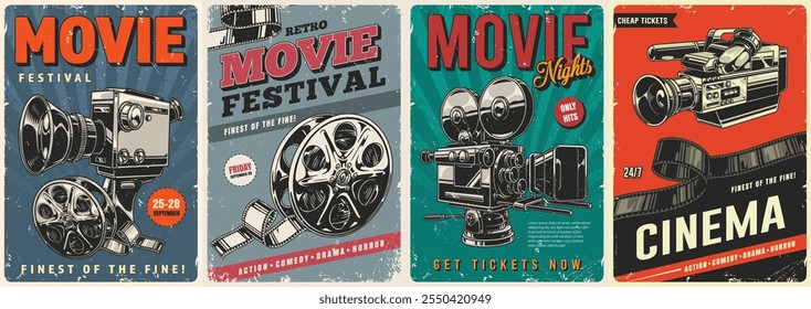 Cartazes estilo vintage anunciando um festival de filmes retrô e eventos de cinema destacando vários gêneros de filmes e disponibilidade de ingressos. Os desenhos coloridos evocam nostalgia.