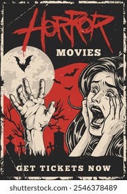 Um cartaz promocional estilo vintage destaca filmes de terror mostrando uma mulher aterrorizada gritando com um fundo assustador de morcegos e lápides. O design é atraente e misterioso.