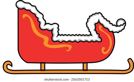 A vintage-style red wooden sleigh with gold accents and white fur trim. The sleigh has a curved shape and is decorated with intricate carvings.