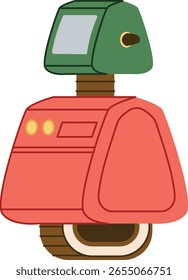 A vintage-style robot with a boxy body and a screen head in a cartoon style. The robot features a retro aesthetic with geometric shapes and bold outlines. Cartoon vector illustration.
