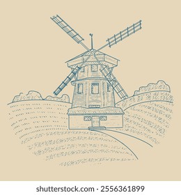 A vintage-style rural scene with a mill and rustic fields. Hand drawn, not AI
