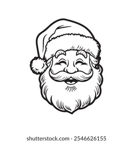 Vintage-style Santa Claus face illustration for holiday-themed projects,miling Santa Claus graphic design perfect for Christmas cards and decor