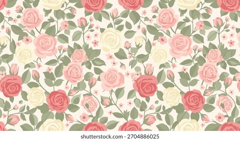 Un patrón floral sin fisuras de estilo vintage con rosas rosas rosadas, rojas y cremas con hojas y subgrupos verdes sobre un fondo claro y blanquecino.