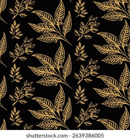 Vintage-style seamless pattern with highly detailed, hand-drawn golden leaves on a black background. Features an engraved texture, perfect for premium decor and textiles.