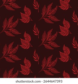 Vintage-style seamless pattern with highly detailed, hand-drawn red leaves on a dark background. Features an engraved texture, perfect for premium decor and textiles.