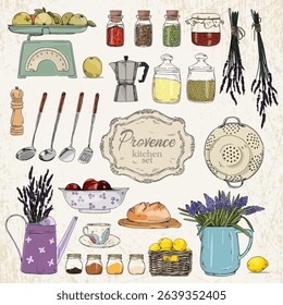 Vintage-style service with dishes, spice jars, a colander, a decorative watering can with lavender and scales on a light background with texture.