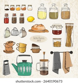 Vintage-style set with dishes, jars of spices, bread, cups, jam, kettle and coffee pot on a light background with texture.