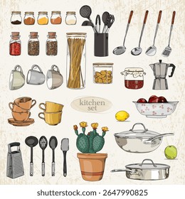 Vintage-style set with dishes, spice jars, cactus, cups, pans and a coffee pot on a light background with texture.