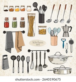 Vintage-style set with spice jars, towels, frying pans and a coffee pot on a light background with texture.