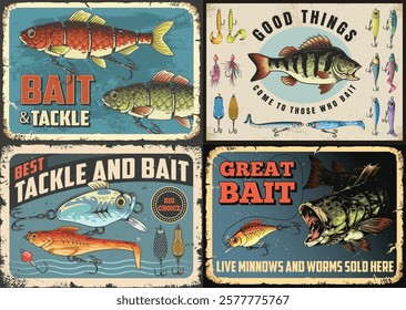 Vintage-style signs display fishing themes featuring colorful illustrations of fish and bait items. They emphasize the importance of baiting for successful fishing experiences.