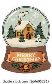 Vintage-style snow globe featuring a cozy snow-covered house, pine trees, a smiling snowman, falling snowflakes and a festive banner with “Merry Christmas” text and golden holiday bell. 

