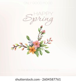 Vintage-style spring bouquet with field flowers, greenery and soft colors, perfect for cards and invitations.