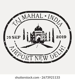 Vintage-style stamp design featuring the Taj Mahal, India. Includes text: 'Taj Mahal', 'India', 'Airport New Delhi', with a date. Black and white illustration. Design element vector.