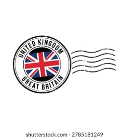 A vintage-style stamp featuring the Union Jack flag and text 'United Kingdom Great Britain' on a white background.