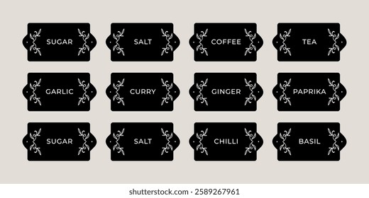 vintage-style stickers for organizing kitchen storage. kitchen pantry sticker pack. Large set of sugar, tea, curry, chili