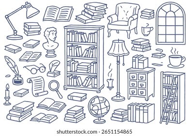 Vintage-style study room illustration in sketch style. Featuring furniture elements like bookcase, armchair, lamp, ladder, and piles of books. The image evokes a cozy, retro interior with an