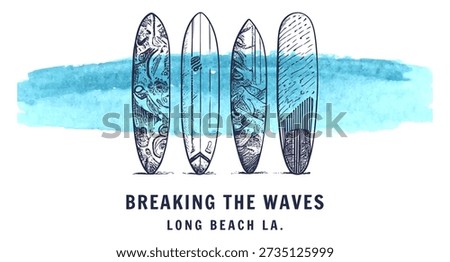 Vintage-style surf illustration featuring multiple surfboards with hand-drawn details and a coastal beach vibe