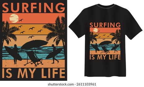 Vintage-style surfing vector illustration featuring silhouettes of surfers, palm trees, beach chairs, and sunset. Ideal for t-shirt prints, summer apparel, and beach-themed merchandise.