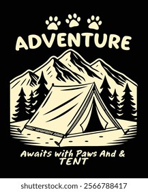 Vintage-style t shirt design depicting a camping scene with mountains, a tent, and paw prints.