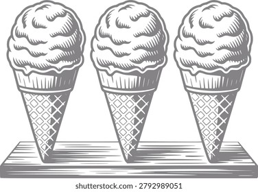 A vintage-style three ice cream cones with waffle cones, presented on a wooden board against a white background.