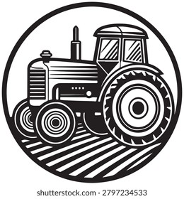 Vintagestyle tractor illustration working on plowed field with circular transparent background design