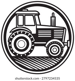 Vintagestyle tractor illustration working on a field with circular transparent background