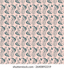 A vintage-style tropical leaf pattern in soft green tones over a pale pink background.