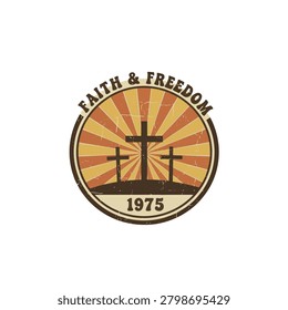 A vintage-style t-shirt design featuring a cross with faith and freedom text