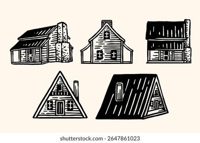 Conjunto de ilustrações da casa da cabine do vetor do estilo vintage
