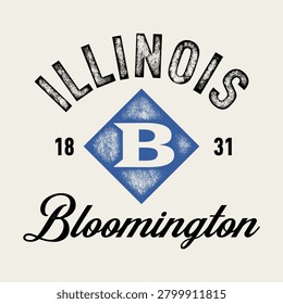 A vintage-style vector illustration featuring Bloomington, Illinois, complete with a grunge texture and a classic emblem. Perfect for trendy hipster t-shirts and apparel.