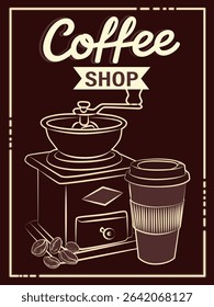 Vintage-style vector illustration featuring a coffee shop theme with a classic coffee grinder, takeaway cup, and coffee beans. Ideal for cafes and retro-themed designs.