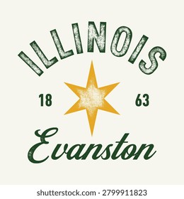 A vintage-style vector illustration featuring Evanston, Illinois, complete with a grunge texture and a classic emblem. Perfect for trendy hipster t-shirts and apparel.
