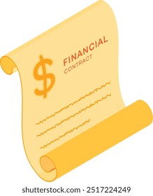 A vintage-style vector illustration of a parchment scroll with "FINANCIAL CONTRACT" and a dollar sign. Perfect for historical, legal, or financial projects.