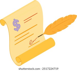 A vintage-style vector illustration of a parchment scroll with a dollar sign and a signature, accompanied by a quill pen. Perfect for historical, legal, or financial projects.