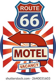 Vintage-style vector illustration of a Route 66 motel sign with bold colors and classic design elements