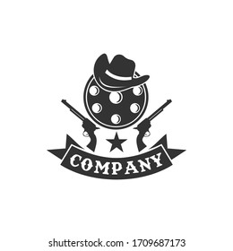 Vintage-style vector logo design featuring crossed guns and a classic cowboy hat. Perfect for gun shops, shooting ranges, western-themed stores, hunting gear brands, and firearm-related businesses.
