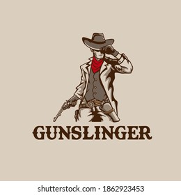 vintage-style vector logos featuring a classic Gunslinger cowboy concept. The primary design showcases a mysterious outlaw in a brown duster coat, holding a smoking revolver and adjusting his wide-brimmed Stetson hat. This set includes a high-impact version with GUNSLINGER typography on a bright yellow background and a refined sepia-toned variation. Perfect for Western-themed apparel, gaming mascots, adventure branding, and retro saloon-style graphic designs.
