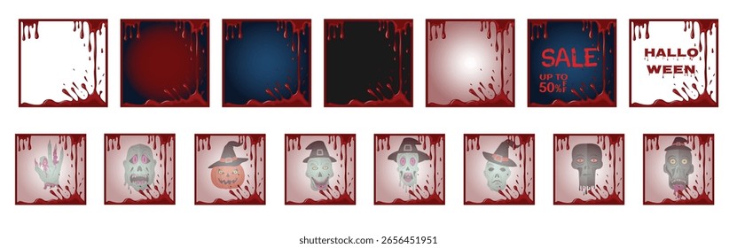  Vintage-Stil Vektor Set von Halloween quadratische Rahmenelemente mit tropfenden Blutränder, gespenstische Hintergründe, gruselige Figuren und Verkaufstext. Perfekt für Social Media oder Design, saisonale Party. 