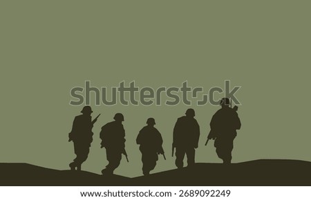 Vintage-style vector silhouette of soldiers marching on the battlefield. Ideal for war-themed posters, history illustrations, veteran day designs, or military concept art.