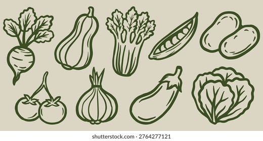 A vintage-style vegetable illustration set created with clean and expressive hand-drawn line art. This collection features a variety of vegetables including radish, squash, celery, peas, potatoes, tomatoes, onion, eggplant, and cabbage. Each element is illustrated using bold green outlines on a warm beige background, giving it a natural and timeless aesthetic.

Inspired by classic botanical illustrations, this set delivers an organic, rustic, and authentic feel. It is perfect for a wide range of design purposes such as organic food packaging, restaurant menus, farm branding, posters, and healthy lifestyle content.

The simple yet detailed line work makes these illustrations highly versatile for both print and digital applications. With a strong handmade character, this set is ideal for brands that want to emphasize sustainability, freshness, and a natural identity.