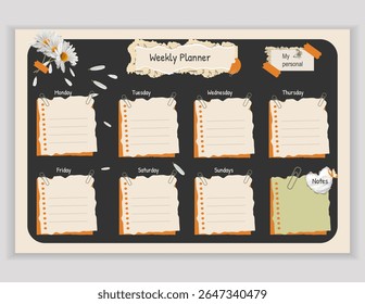 Vintage-style weekly planner template with torn paper elements and daisy accents. Perfect for organizing your week, planning tasks, and jotting down notes with a creative and unique design.