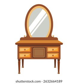 Vintage-style wooden vanity table with oval mirror and drawers. A classic furniture piece for bedroom or dressing room design.
