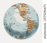 Vintage-style world map globe illustration showing continents and countries. Detailed map with North America, South America, and oceans. Artistic map design. Isolated vintage vector element.