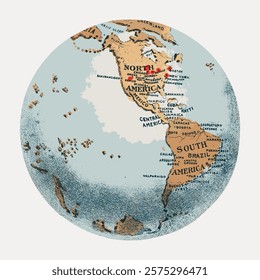 Vintage-style world map globe illustration showing continents and countries. Detailed map with North America, South America, and oceans. Artistic map design. Isolated vintage vector element.