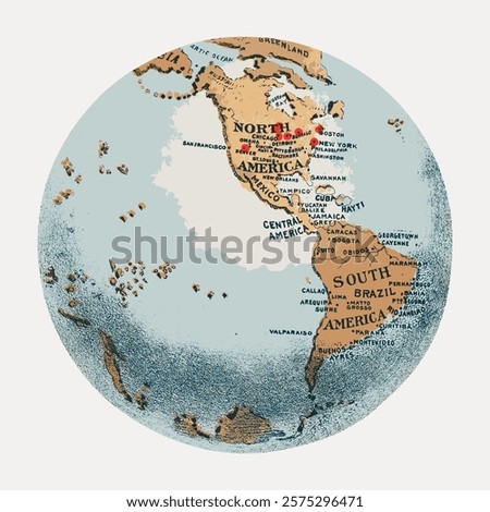 Vintage-style world map globe illustration showing continents and countries. Detailed map with North America, South America, and oceans. Artistic map design. Isolated vintage vector element.