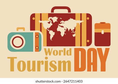 Cartaz do Dia Mundial do Turismo em estilo vintage com uma mala, câmera antiga e mapa-múndi com rotas pontilhadas. Tons quentes e suaves e texturas angustiadas criam uma vibração de viagem nostálgica sobre fundo branco.